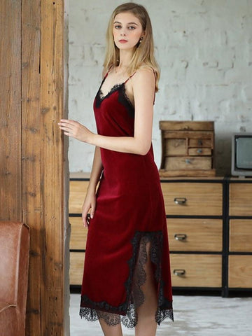 Ericdress Women's Gold Velvet MidCalf Lace Nightgown img 1