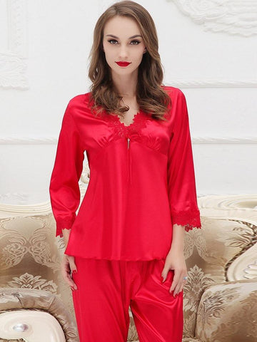 Ericdress Women's VNeck Plain Long Sleepwear 2 Pieces img 1